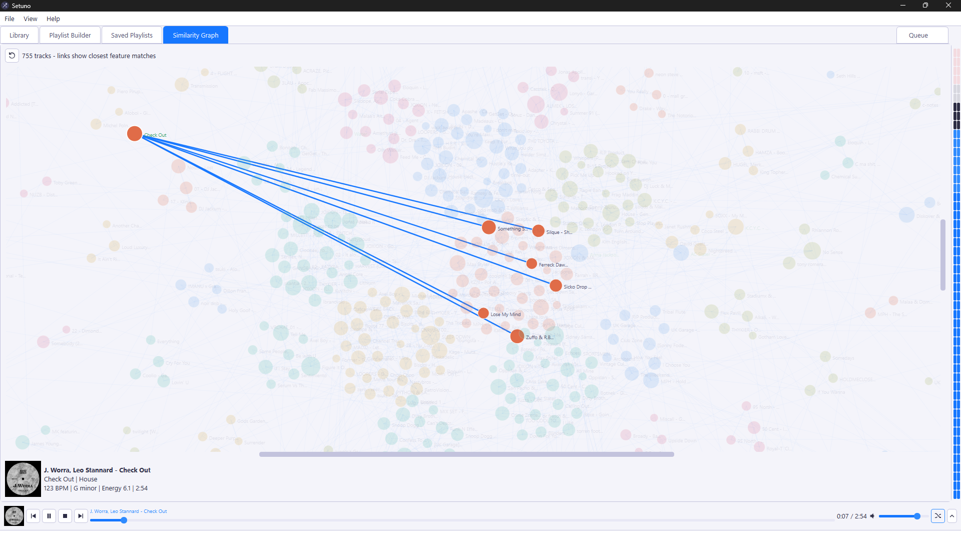 Setuno similarity graph connecting a selected track to its closest feature matches