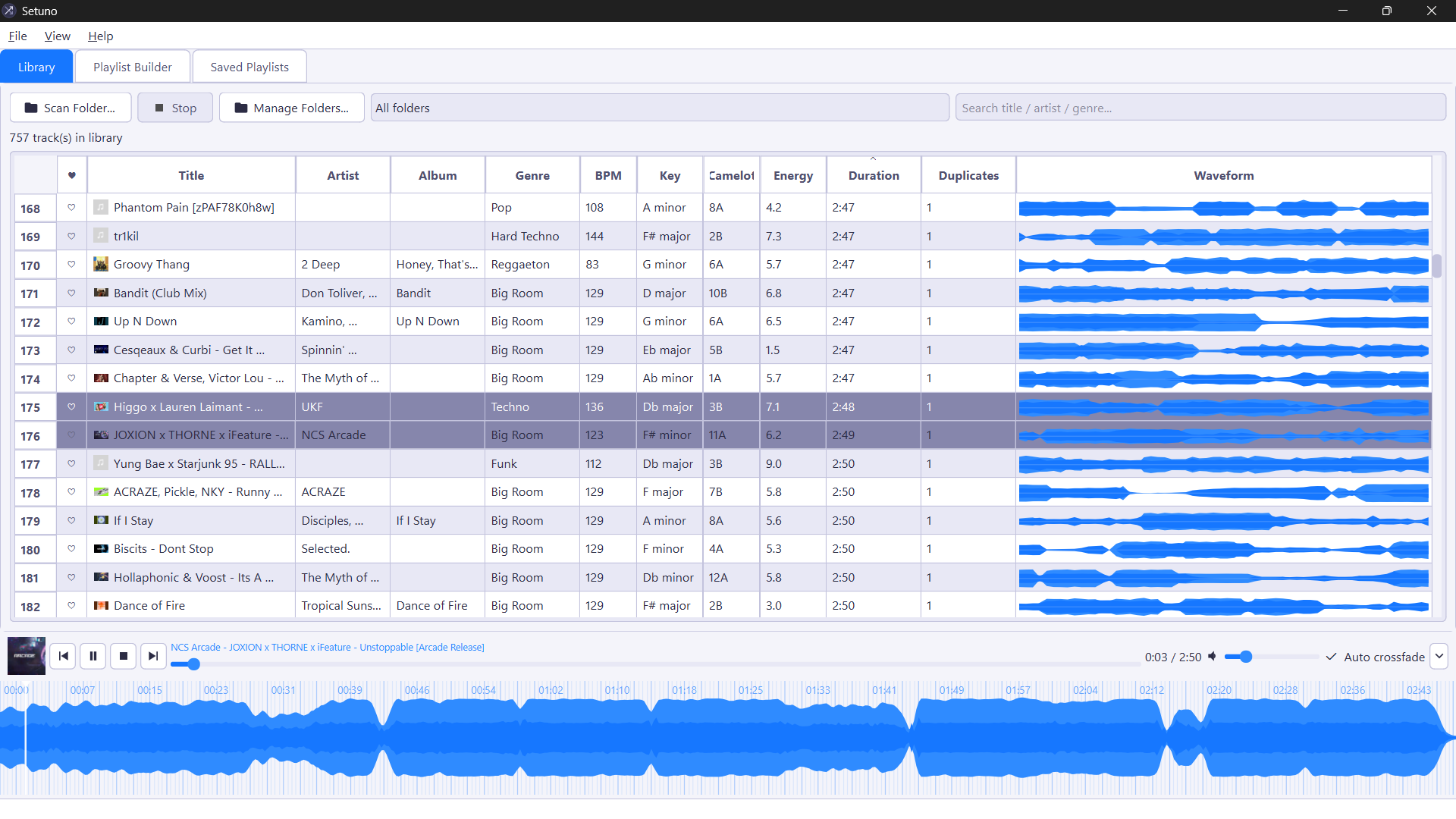 Setuno desktop app showing an analyzed music library, BPM and Camelot keys, plus the extended waveform player